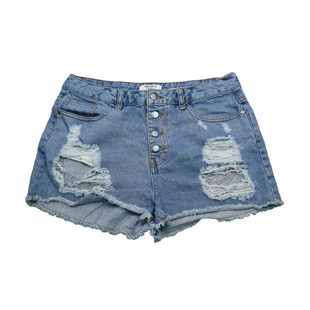 Forever 21 Shorts Womens 31 Blue Denim Distressed High Waist Single Row Button